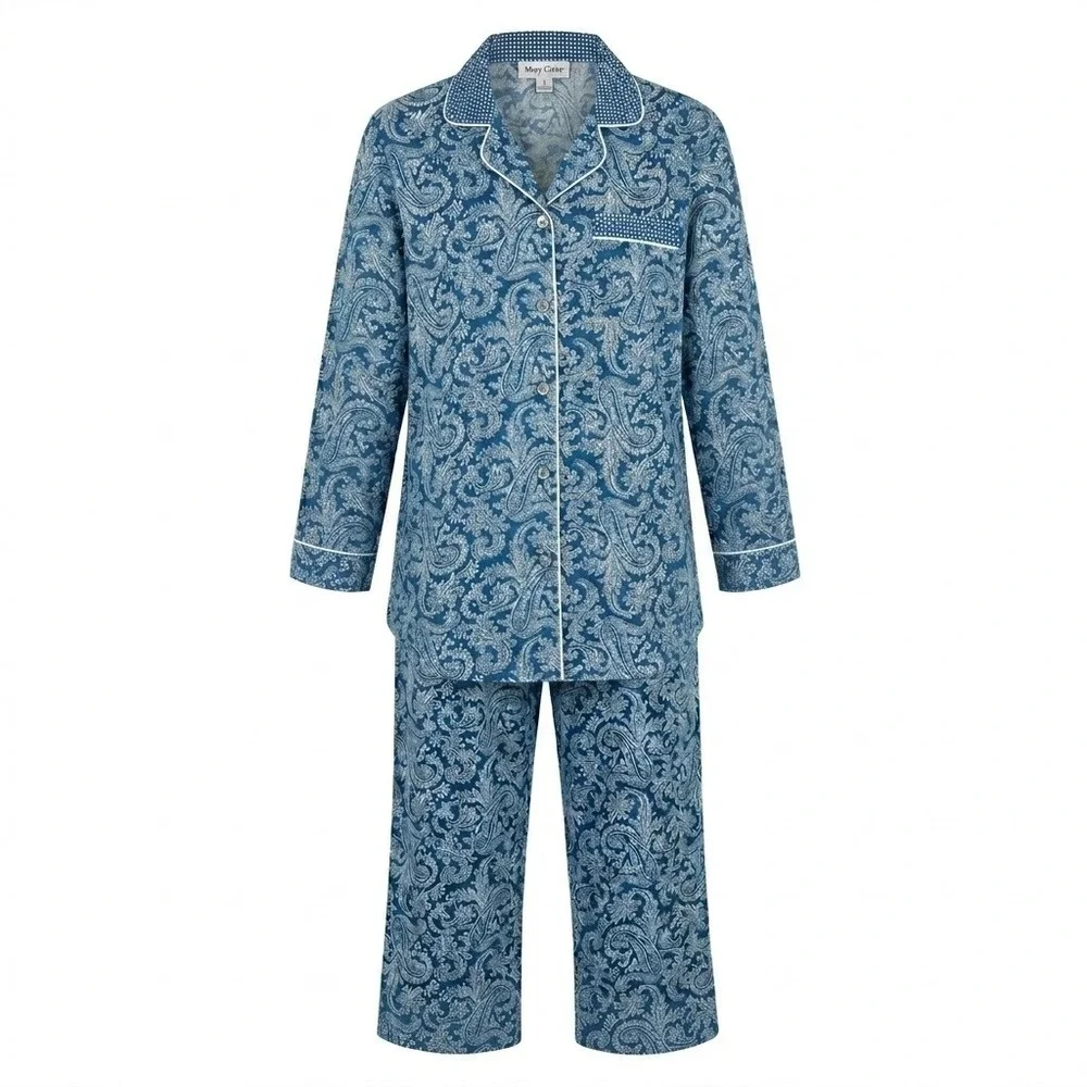 Miss Elaine Petites Medium Blue Paisley Button Front Soft Pajama Set‎ PM Lounge